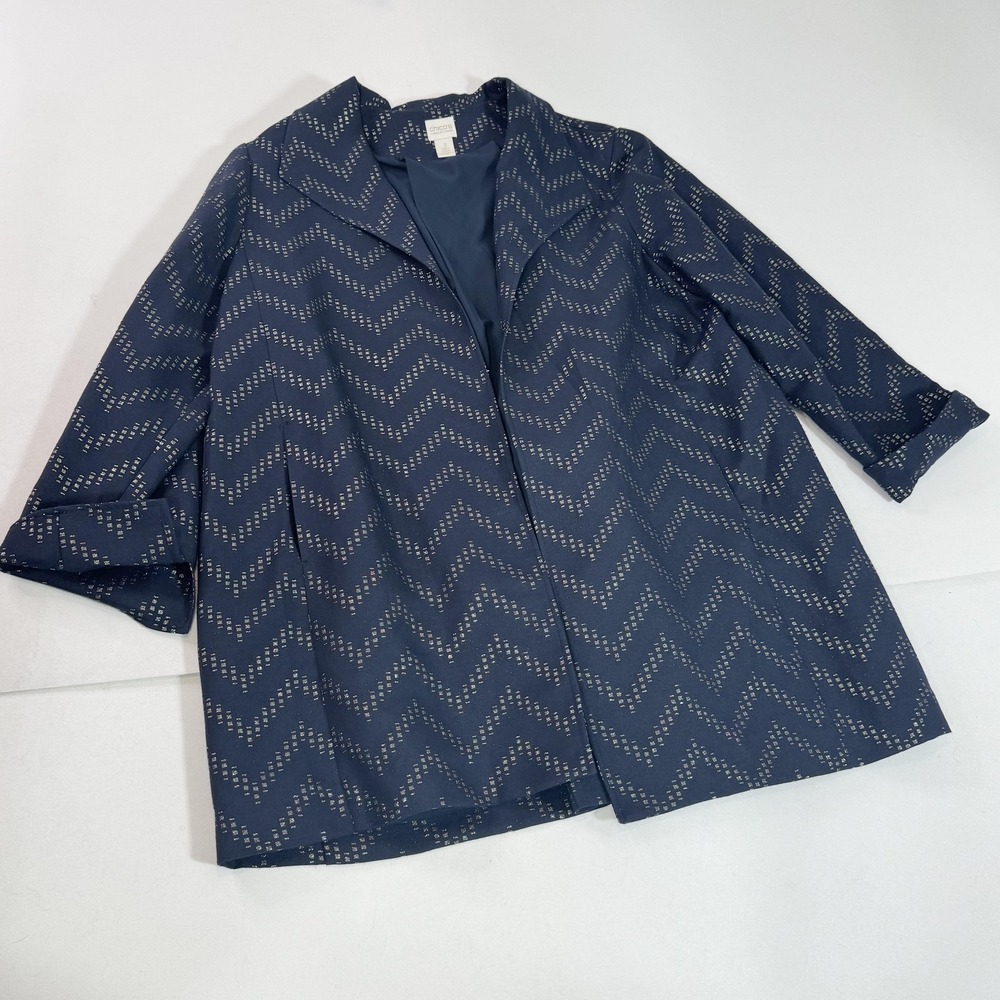 Chico's Collection Coat Womens XL 3 Blue Metallic Chevron Mid Length Overcoat